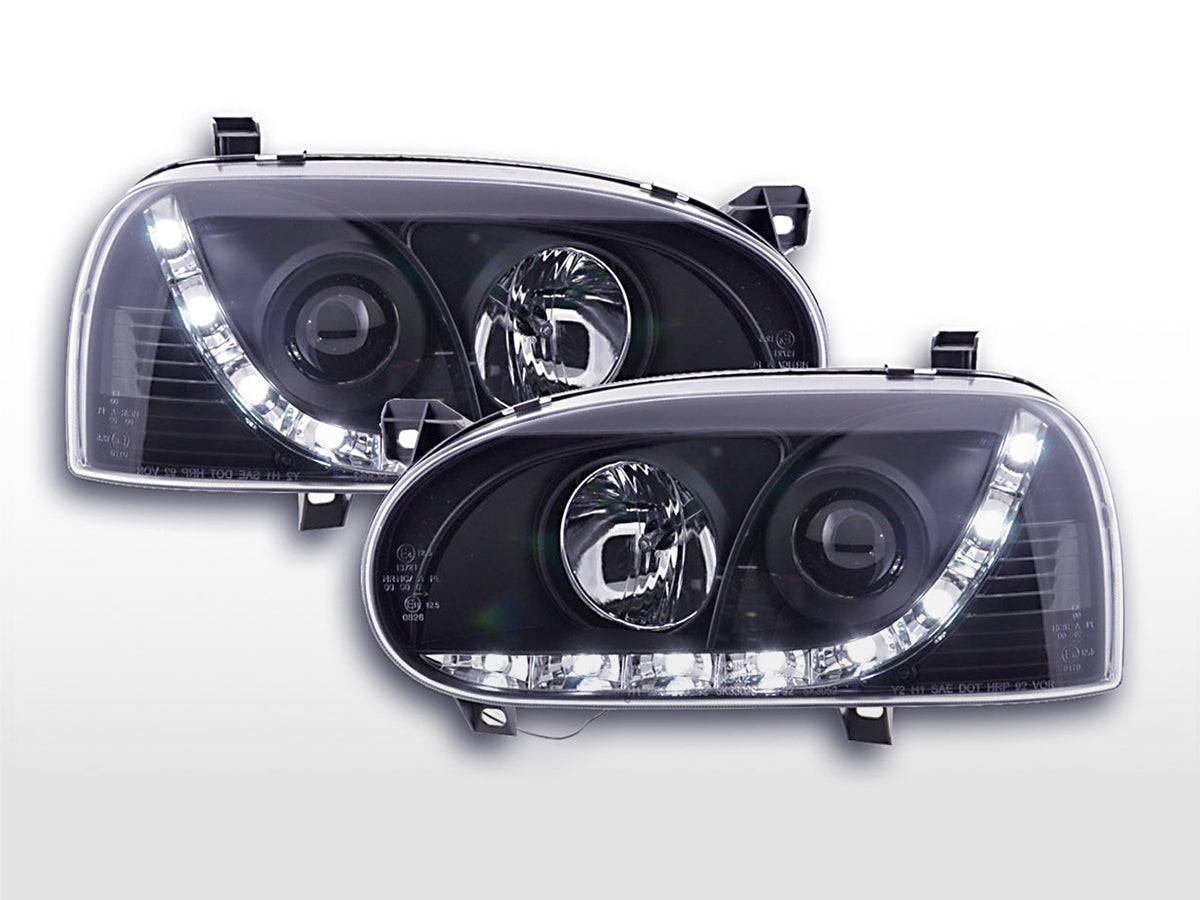 Scheinwerfer Set Daylight LED Tagfahrlicht VW Golf 3 91-97 schwarz für Rechtslenker Scheinwerfer Set Daylight LED Tagfahrlicht VW Golf 3 91-97 schwarz für Rechtslenker